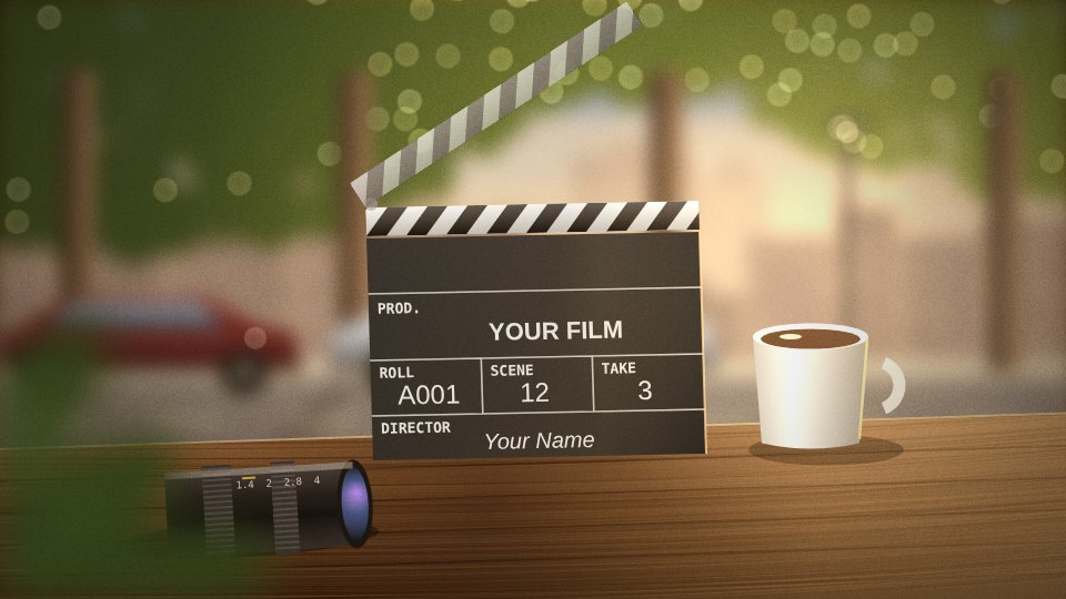 Exposure simulator: a slate on a café table, a lens beside it, the street behind softly out of focus